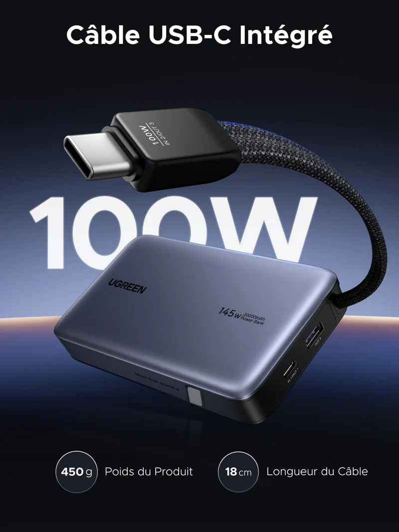 UGREEN Nexode Batterie Externe (20 000 mAh, 145 W, 3-en-1, Câble Intégré, Écran LED)