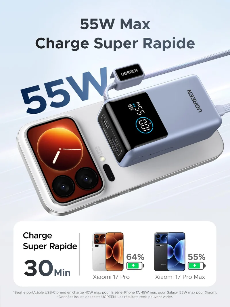 UGREEN Nexode Batterie Externe (10 000 mAh, 55 W, 3-en-1, Câble USB-C Intégré, Écran Numérique)