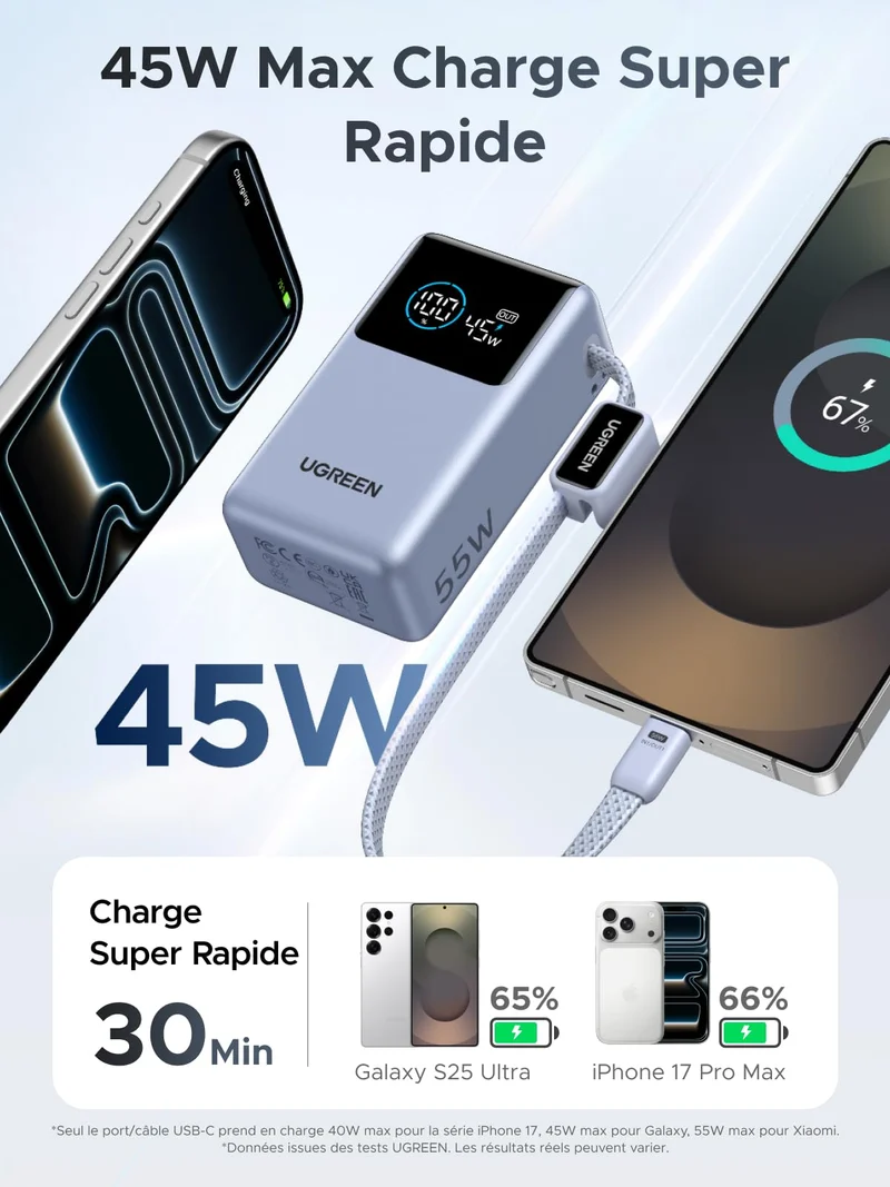 UGREEN Nexode Batterie Externe (10 000 mAh, 55 W, 3-en-1, Câble USB-C Intégré, Écran Numérique)