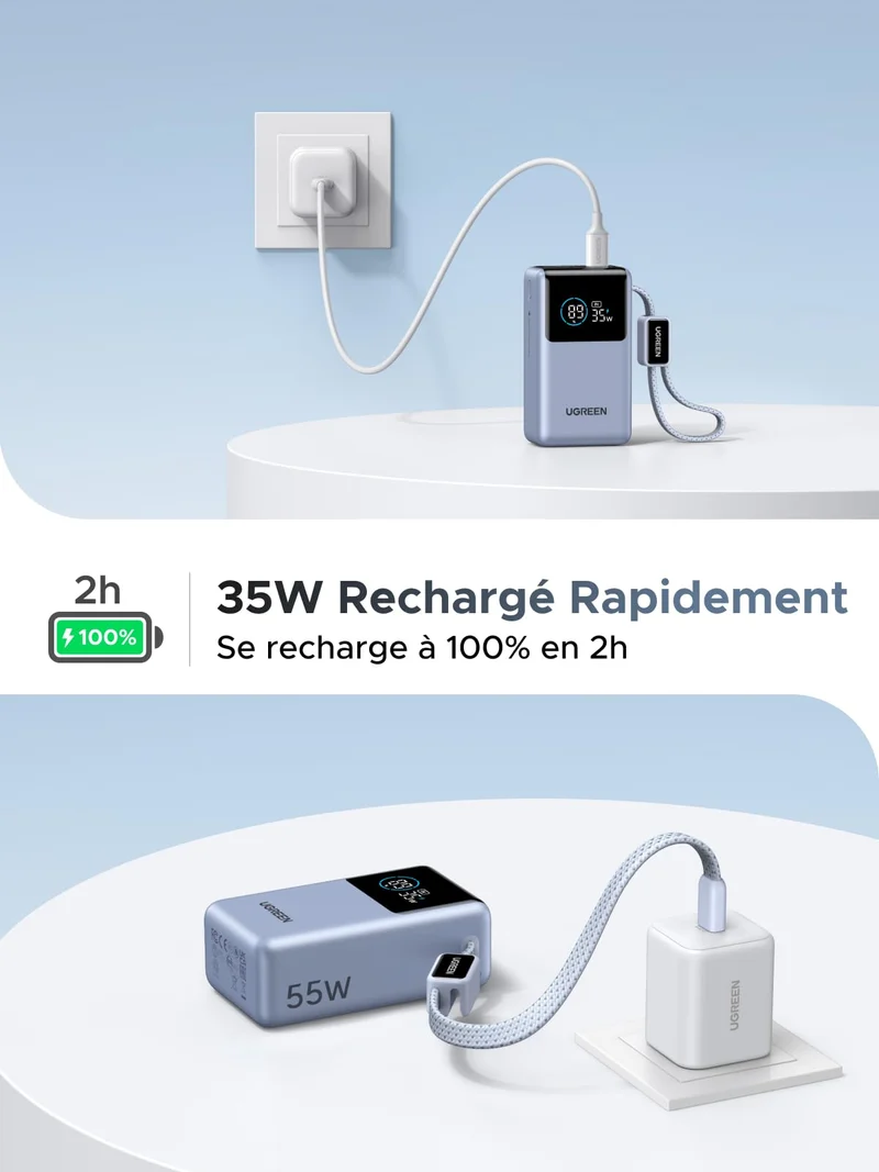 UGREEN Nexode Batterie Externe (10 000 mAh, 55 W, 3-en-1, Câble USB-C Intégré, Écran Numérique)
