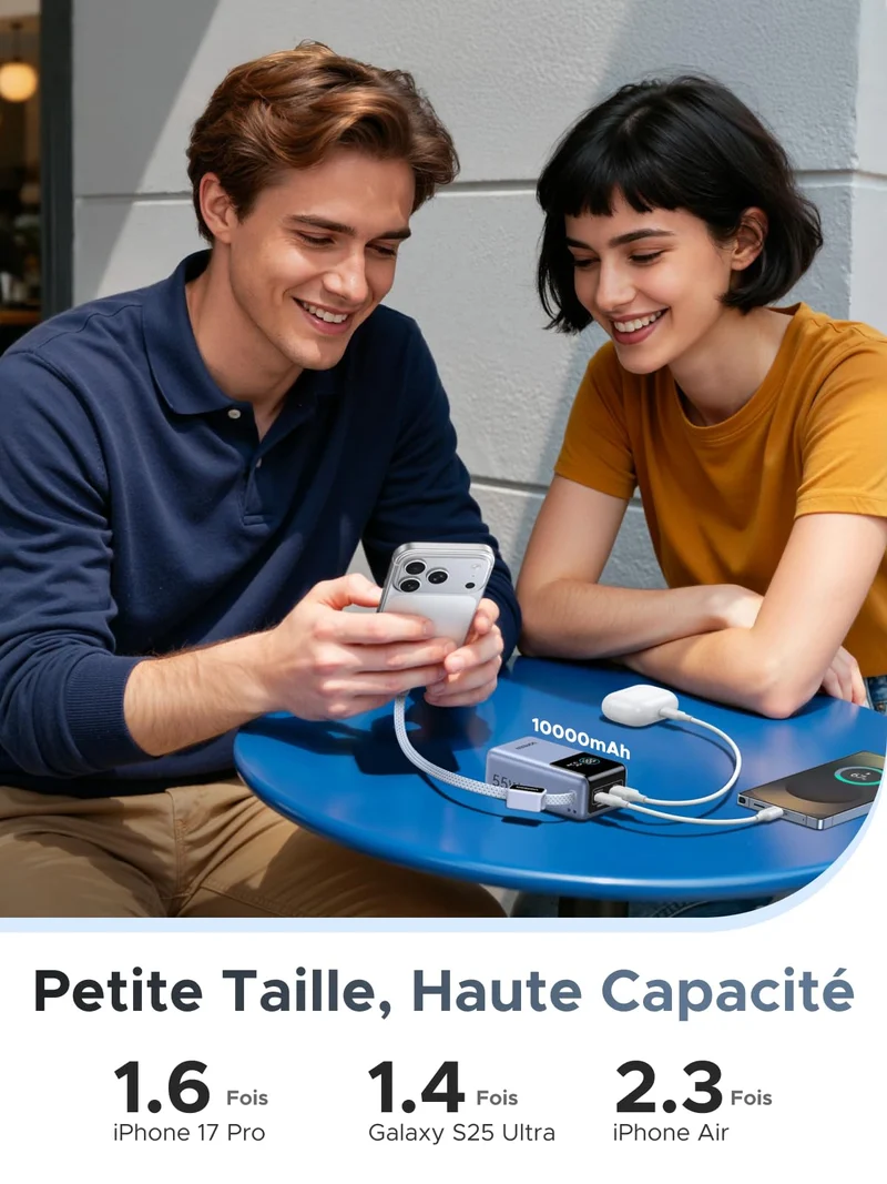 UGREEN Nexode Batterie Externe (10 000 mAh, 55 W, 3-en-1, Câble USB-C Intégré, Écran Numérique)