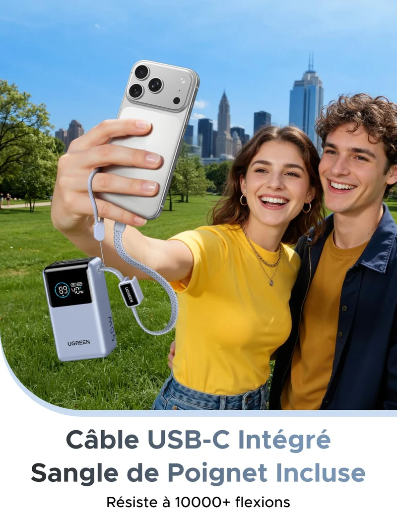UGREEN Nexode Batterie Externe (10 000 mAh, 55 W, 3-en-1, Câble USB-C Intégré, Écran Numérique)