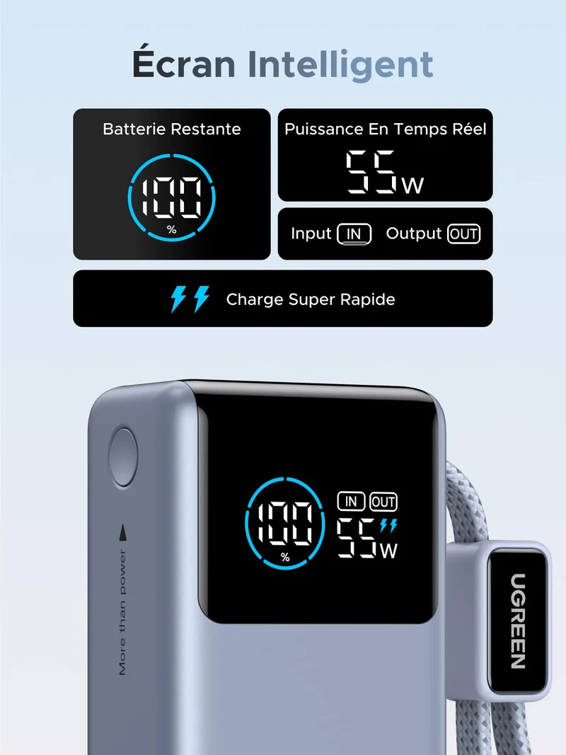 UGREEN Nexode Batterie Externe (10 000 mAh, 55 W, 3-en-1, Câble USB-C Intégré, Écran Numérique)