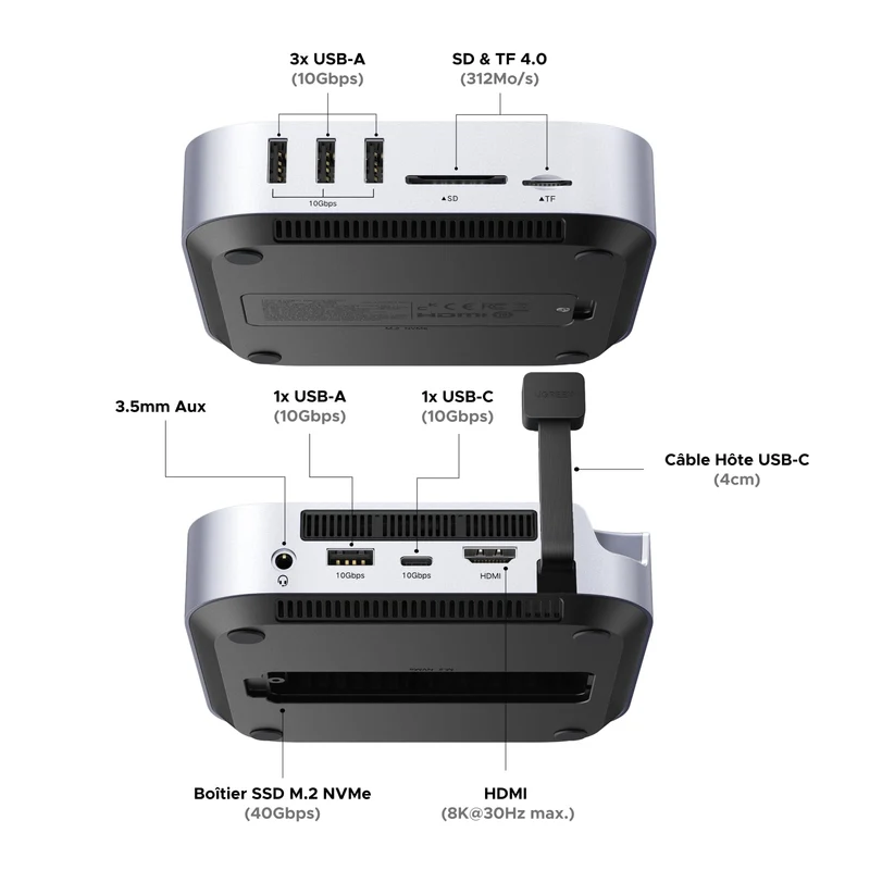 UGREEN Station d’Accueil pour Mac mini M4 10-en-1 (M.2 NVMe SSD, 40 Gbps, HDMI 8K@30Hz / 4K@144Hz)