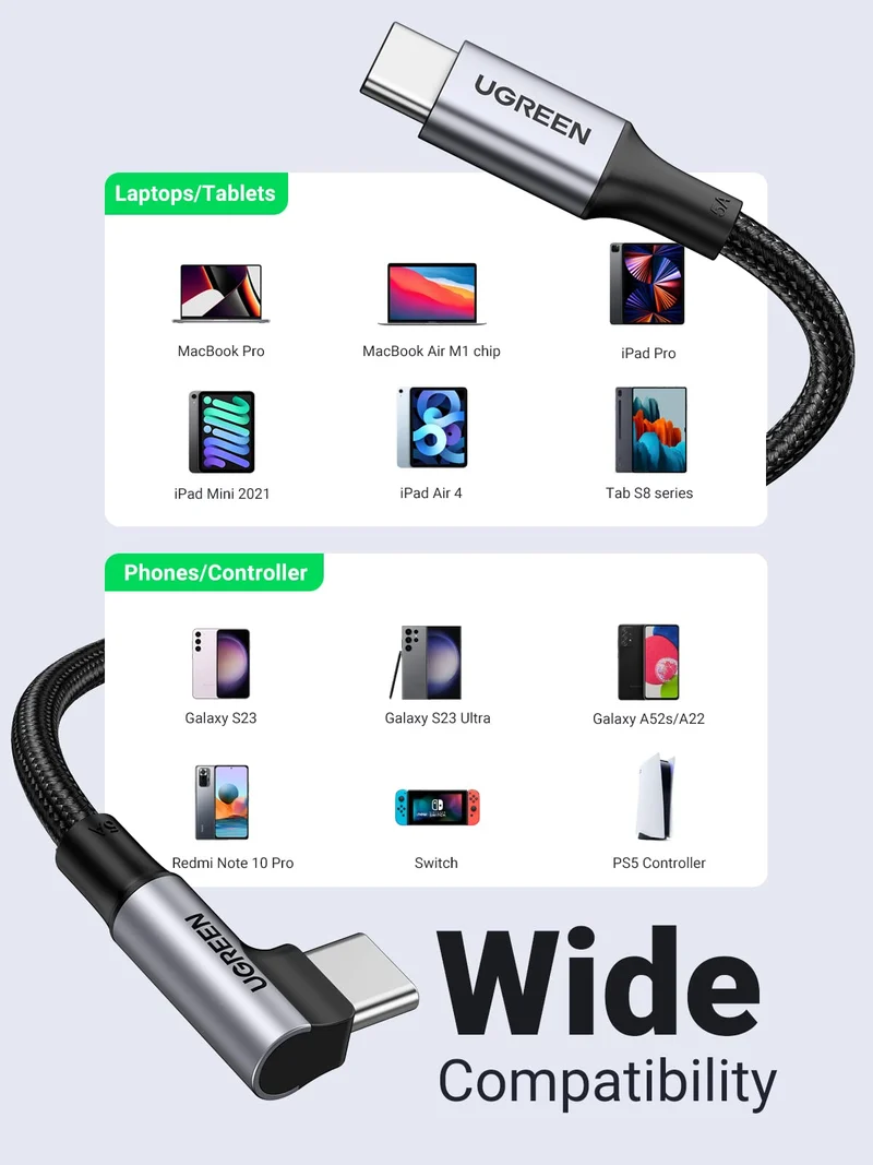 UGREEN Cable USB C vers USB C 100W Type C Alimentation 5A en Nylon Tress