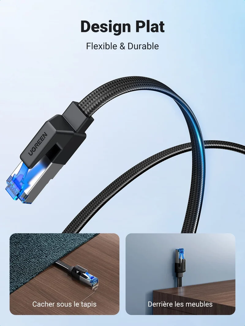 UGREEN Cat 8 Plat Cable Ethernet Réseau RJ45 26AWG 40Gbps 2000MHz