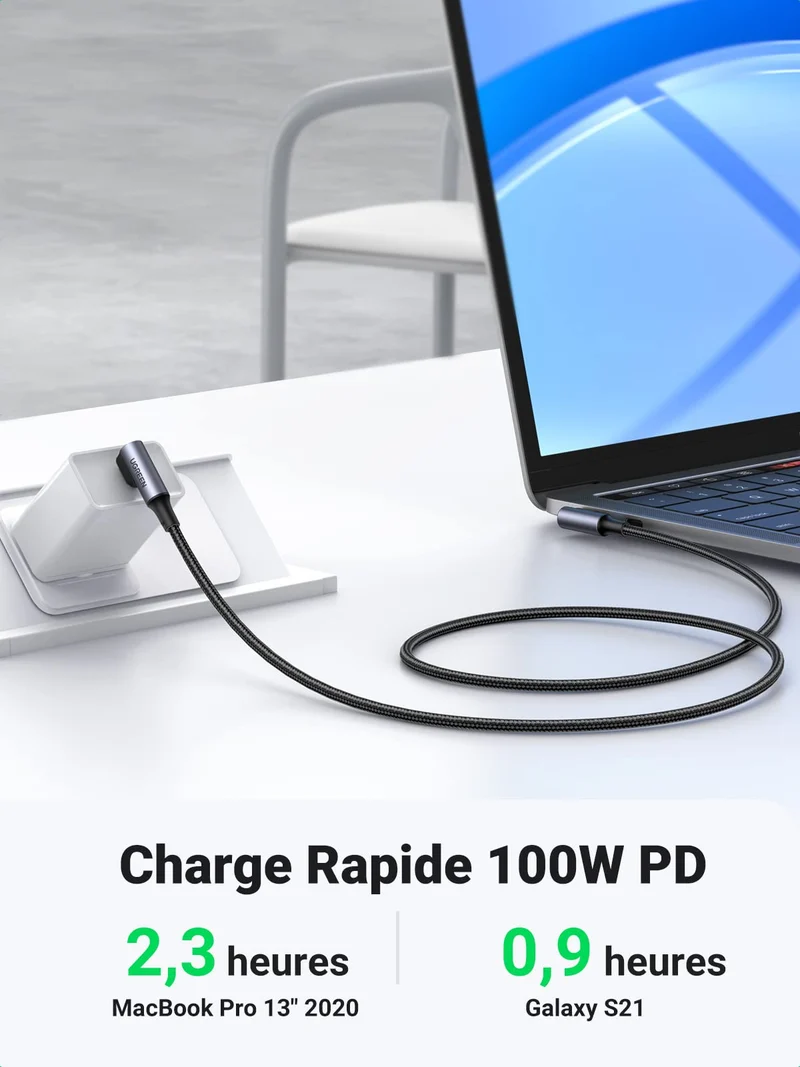UGREEN Cable USB C vers USB C 100W 5A Cable USB Type C 90° Charge Rapide Nylon Tress
