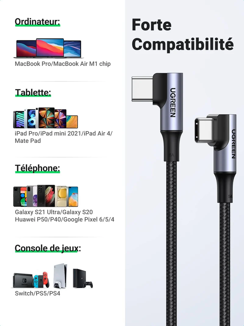 UGREEN Cable USB C vers USB C 100W 5A Cable USB Type C 90° Charge Rapide Nylon Tress
