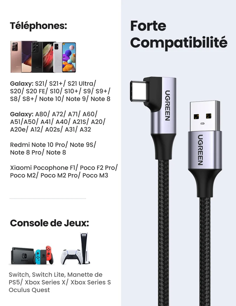 UGREEN Cable USB C vers USB 3.0 Coud Charge Rapide 3A en Nylon Tress
