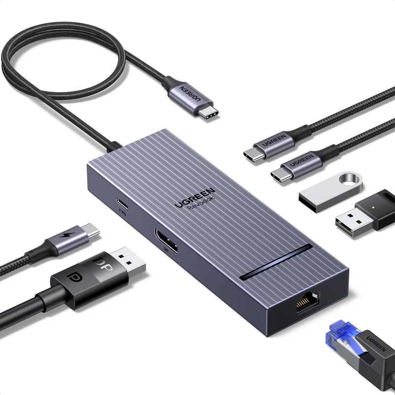 UGREEN Revodok Pro Hub USB C DisplayPort 4K 60Hz Adaptateur Ethernet Gigabit Multi USB Ports 10Gbps PD 100W 7 en 1 Docking Station DP Compatible avec MacBook iPad Air Mac Mini M4 iPhone 17 Pro Max
