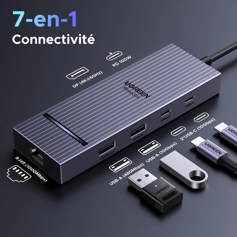 UGREEN Revodok Pro Hub USB C DisplayPort 4K 60Hz Adaptateur Ethernet Gigabit Multi USB Ports 10Gbps PD 100W 7 en 1 Docking Station DP Compatible avec MacBook iPad Air Mac Mini M4 iPhone 17 Pro Max