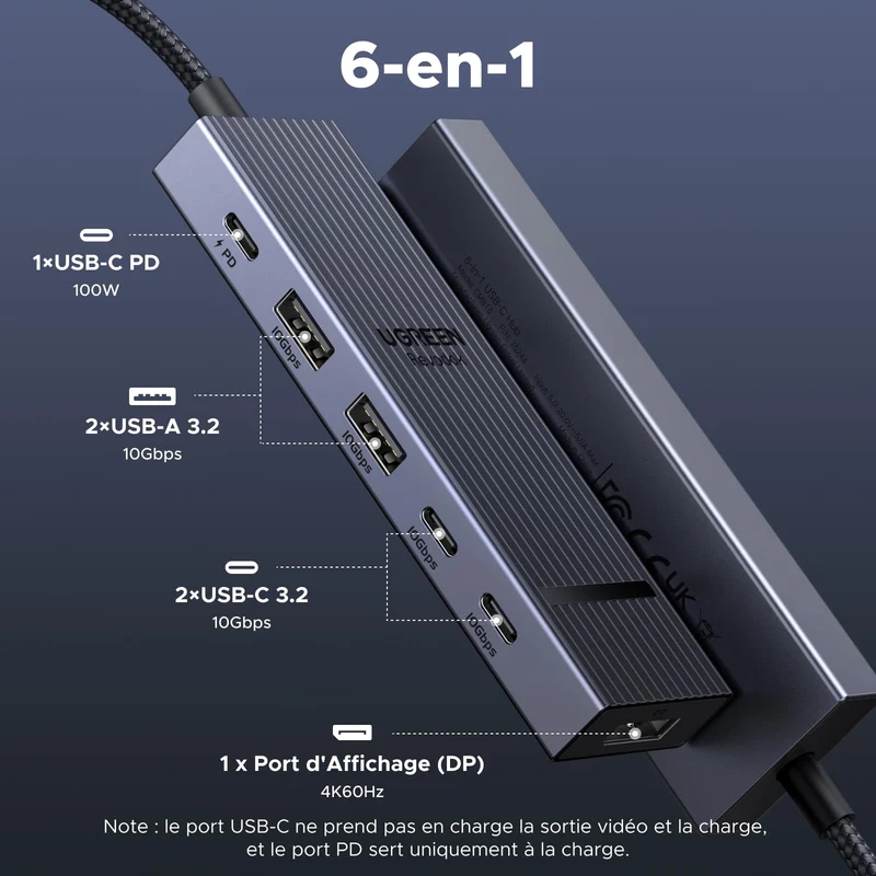 UGREEN Revodok Pro 1062 Hub USB C DisplayPort 4K 60Hz 4 Data Ports 2A2C 10Gbps PD 100W 6 en 1 Dock USB C DP Compatible avec MacBook iPad Air Mac Mini M4 iPhone 17 Pro Max 16 15 Série Galaxy S25 Ultra