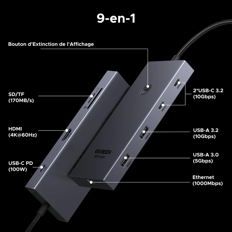 UGREEN Revodok Pro 9-en-1 Hub USB-C (HDMI 4K@60Hz, 10Gbps, PD100W)