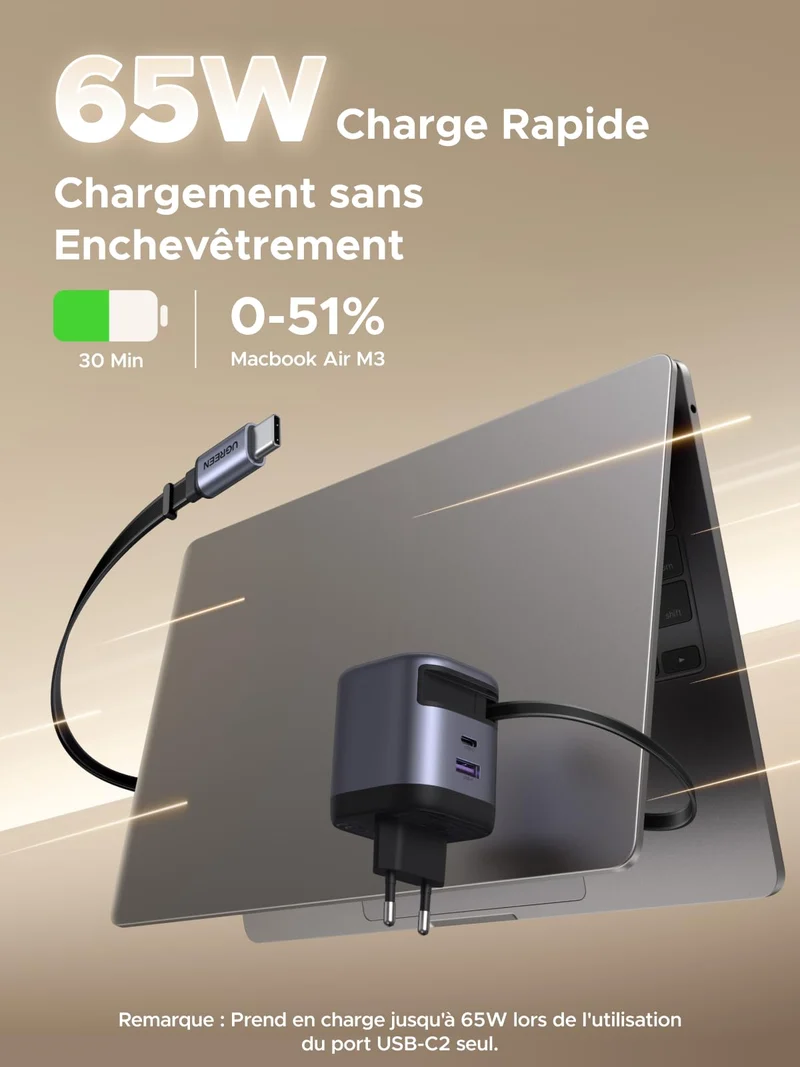 UGREEN Nexode Chargeur 65W avec câble USB-C rétractable