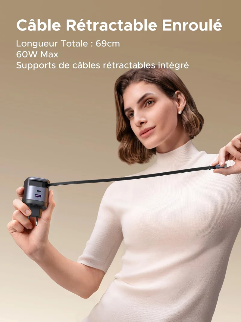 UGREEN Nexode Chargeur 65W avec câble USB-C rétractable