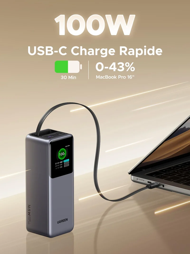 UGREEN Nexode Batterie externe 20000 mAh 165W avec câble USB-C rétractable