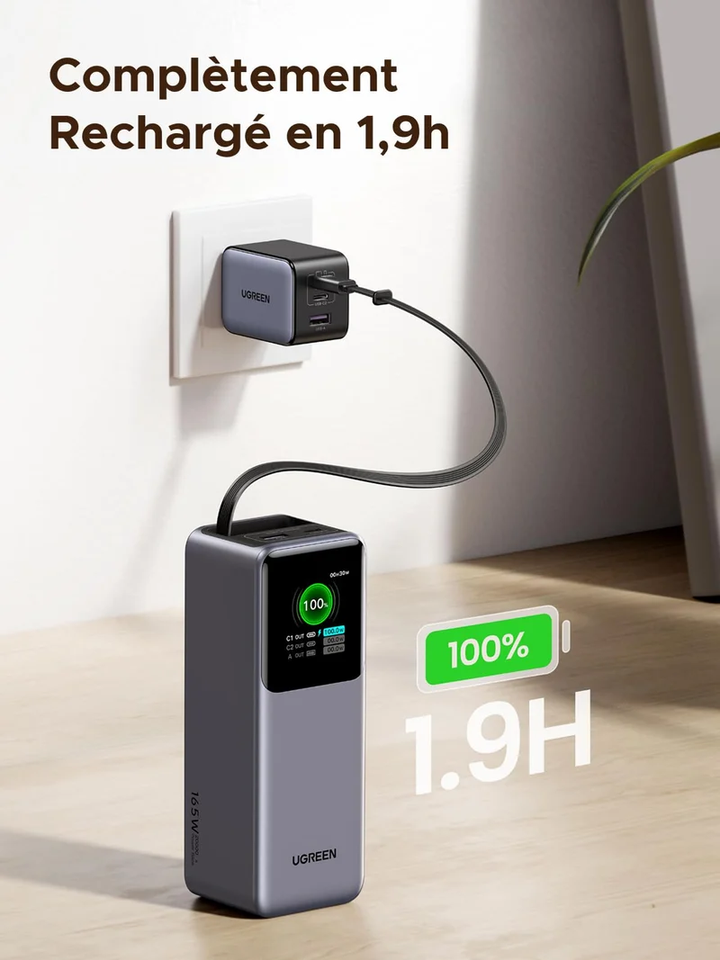 UGREEN Nexode Batterie externe 20000 mAh 165W avec câble USB-C rétractable