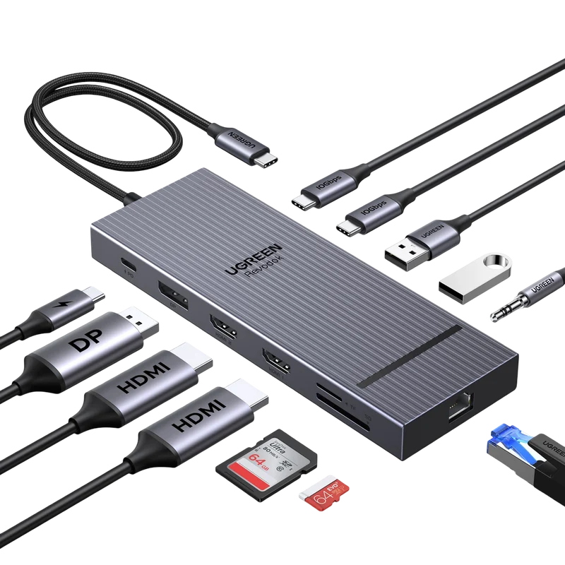 UGREEN Revodok Pro 3121 Hub USB-C 12-en-1 (HDMI 4K@60Hz, DP 4K@120Hz, Triple Affichage, 10 Gbps, PD 100 W)