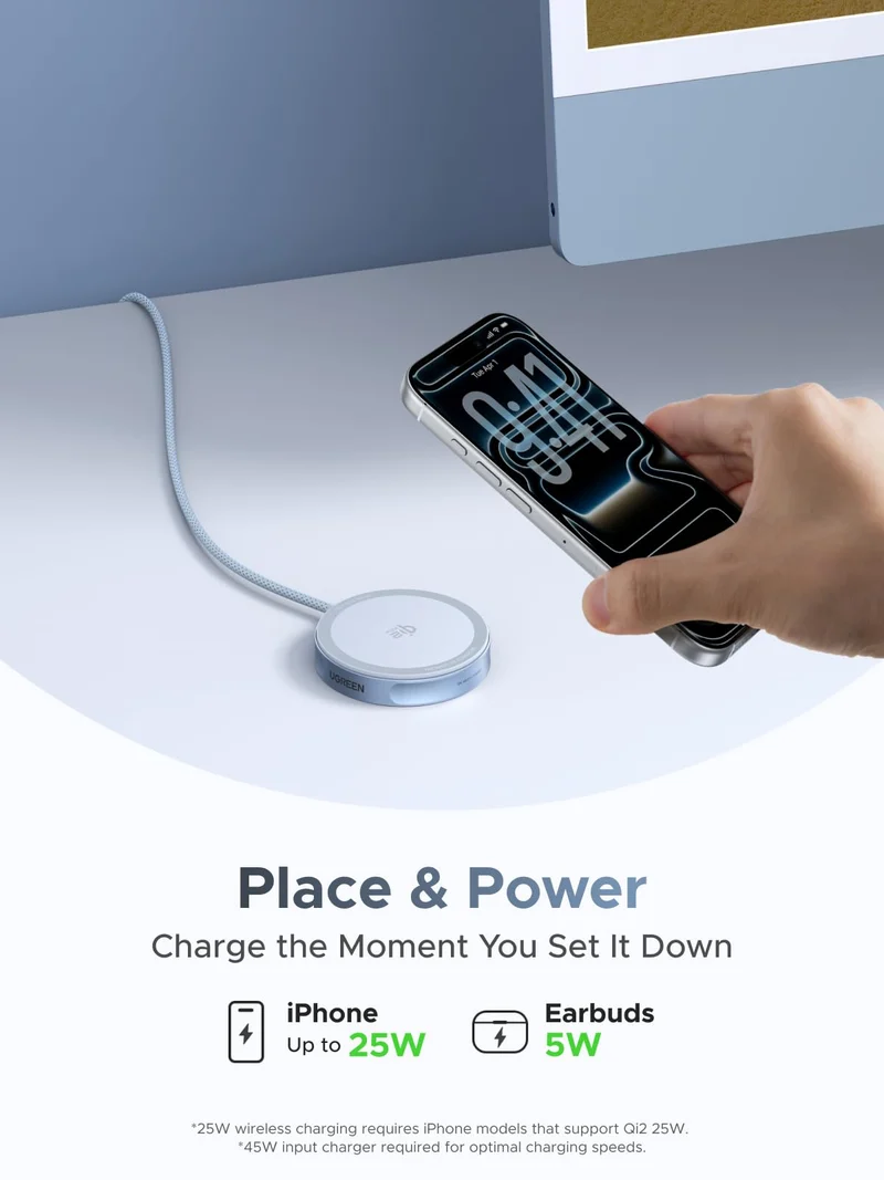 UGREEN MagFlow Qi2 25W Chargeur Induction iPhone Pad Certifié Compatible avec MagSafe iPhone 17 16 15 14 13 12 Air Plus Pro Max AirPods 4 3 Pro 3 2 1 avec Rallonge 1.5M Chargeur sans Fil Magnétique