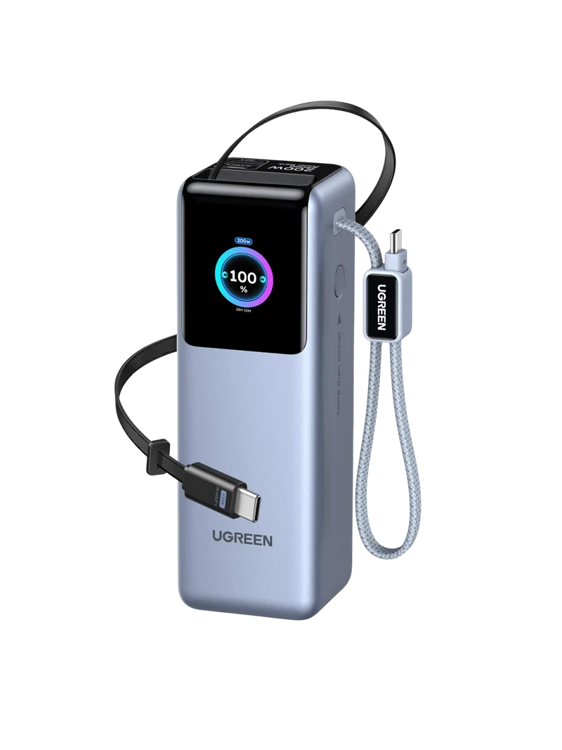 UGREEN Nexode Pro Batterie Externe 4-en-1 (25 000 mAh, 200 W, 2 Câbles USB-C Intégrés, Écran TFT)