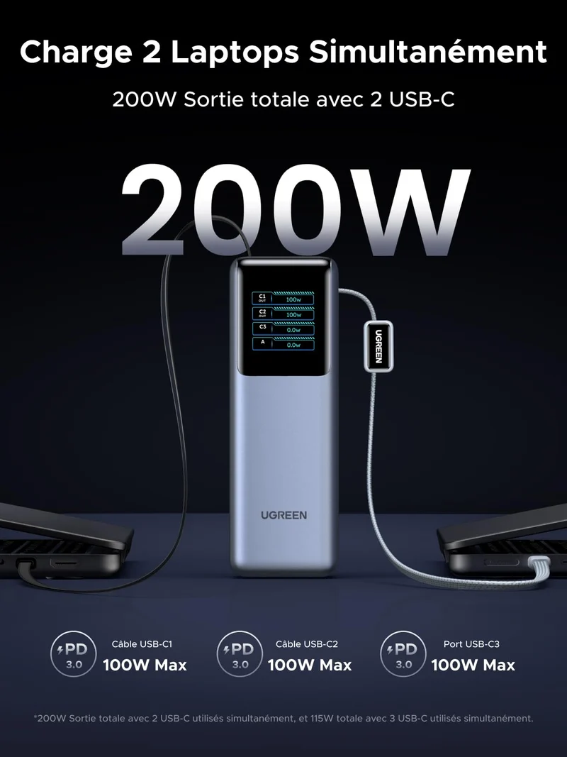 UGREEN Nexode Pro Batterie Externe 4-en-1 (25 000 mAh, 200 W, 2 Câbles USB-C Intégrés, Écran TFT)