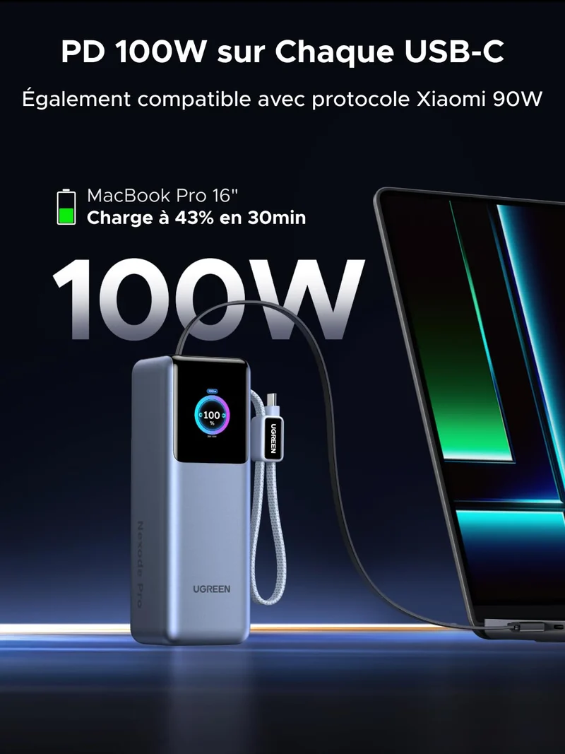 UGREEN Nexode Pro Batterie Externe 4-en-1 (25 000 mAh, 200 W, 2 Câbles USB-C Intégrés, Écran TFT)