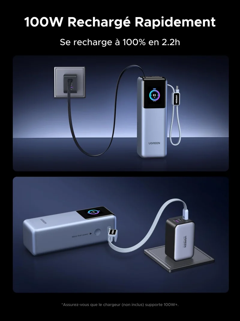 UGREEN Nexode Pro Batterie Externe 4-en-1 (25 000 mAh, 200 W, 2 Câbles USB-C Intégrés, Écran TFT)