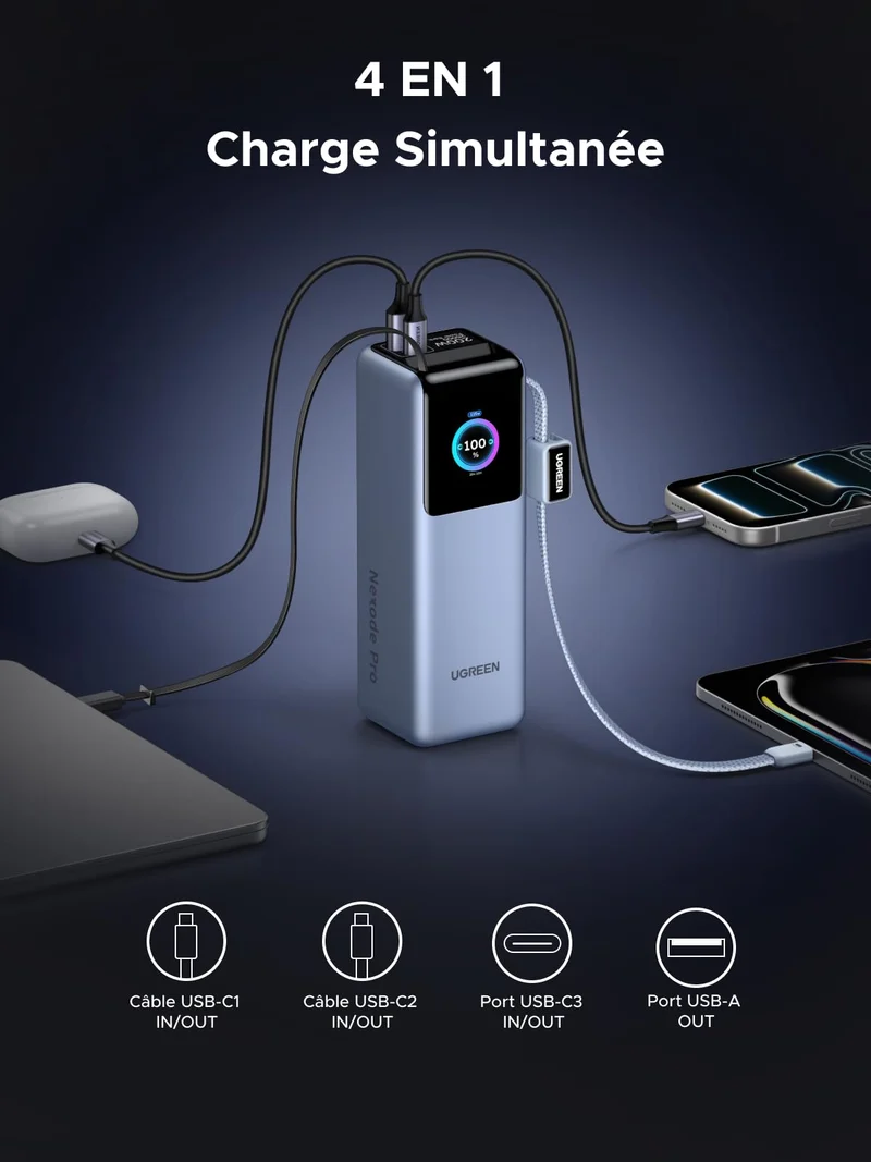 UGREEN Nexode Pro Batterie Externe 4-en-1 (25 000 mAh, 200 W, 2 Câbles USB-C Intégrés, Écran TFT)