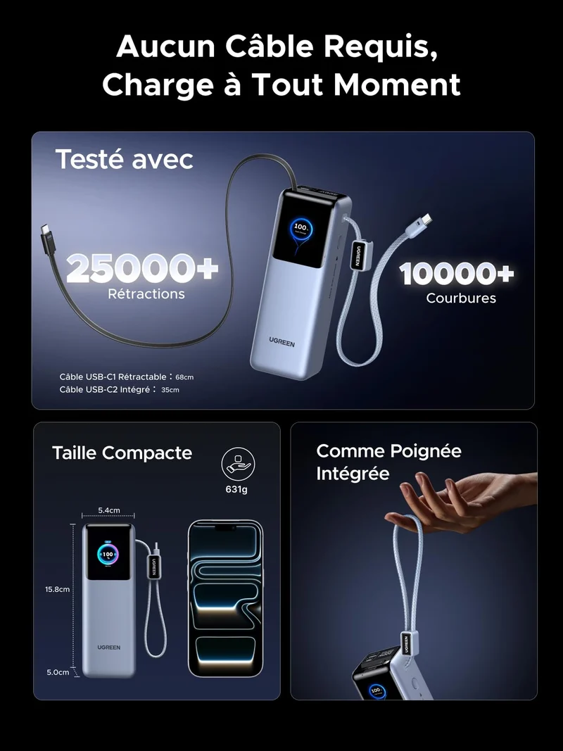UGREEN Nexode Pro Batterie Externe 4-en-1 (25 000 mAh, 200 W, 2 Câbles USB-C Intégrés, Écran TFT)
