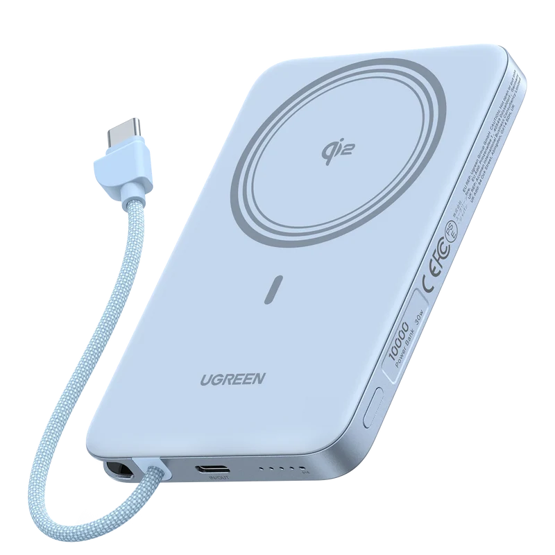 UGREEN MagFlow Air Batterie Externe Magnétique (10 000 mAh, Qi2 15 W, Câble USB-C Intégré)