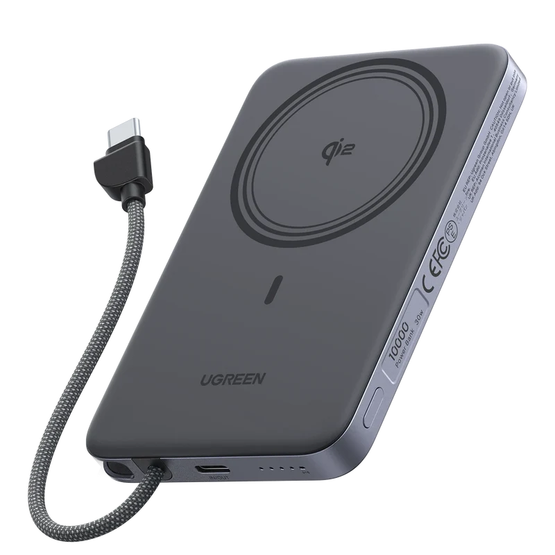 UGREEN MagFlow Air Batterie Externe Magnétique (10 000 mAh, Qi2 15 W, Câble USB-C Intégré)