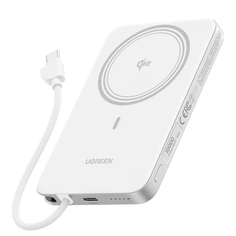 UGREEN MagFlow Air Batterie Externe Magnétique (10 000 mAh, Qi2 15 W, Câble USB-C Intégré)