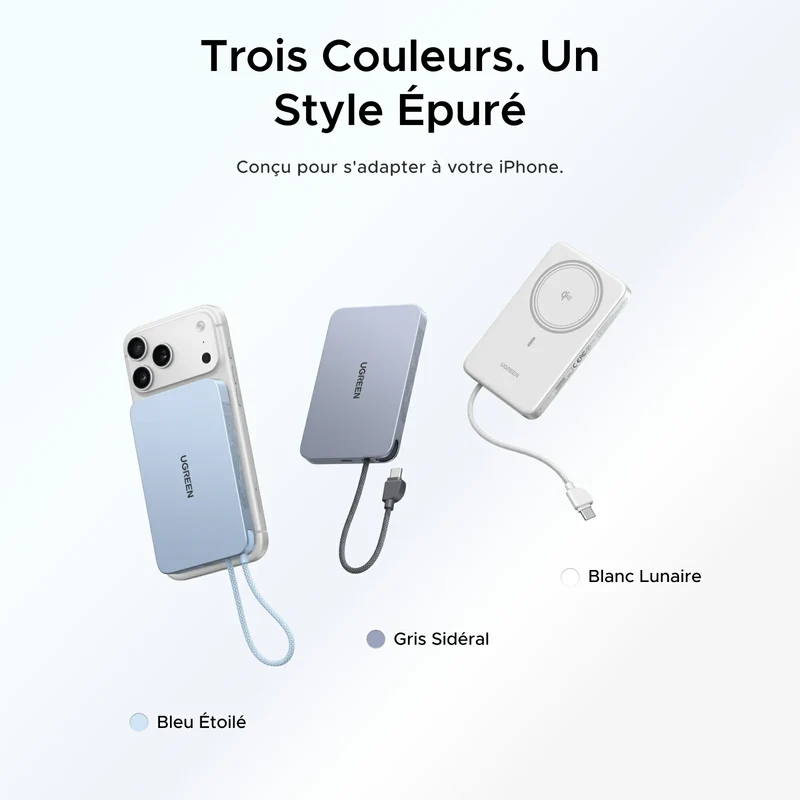 UGREEN MagFlow Air Batterie Externe Magnétique (10 000 mAh, Qi2 15 W, Câble USB-C Intégré)