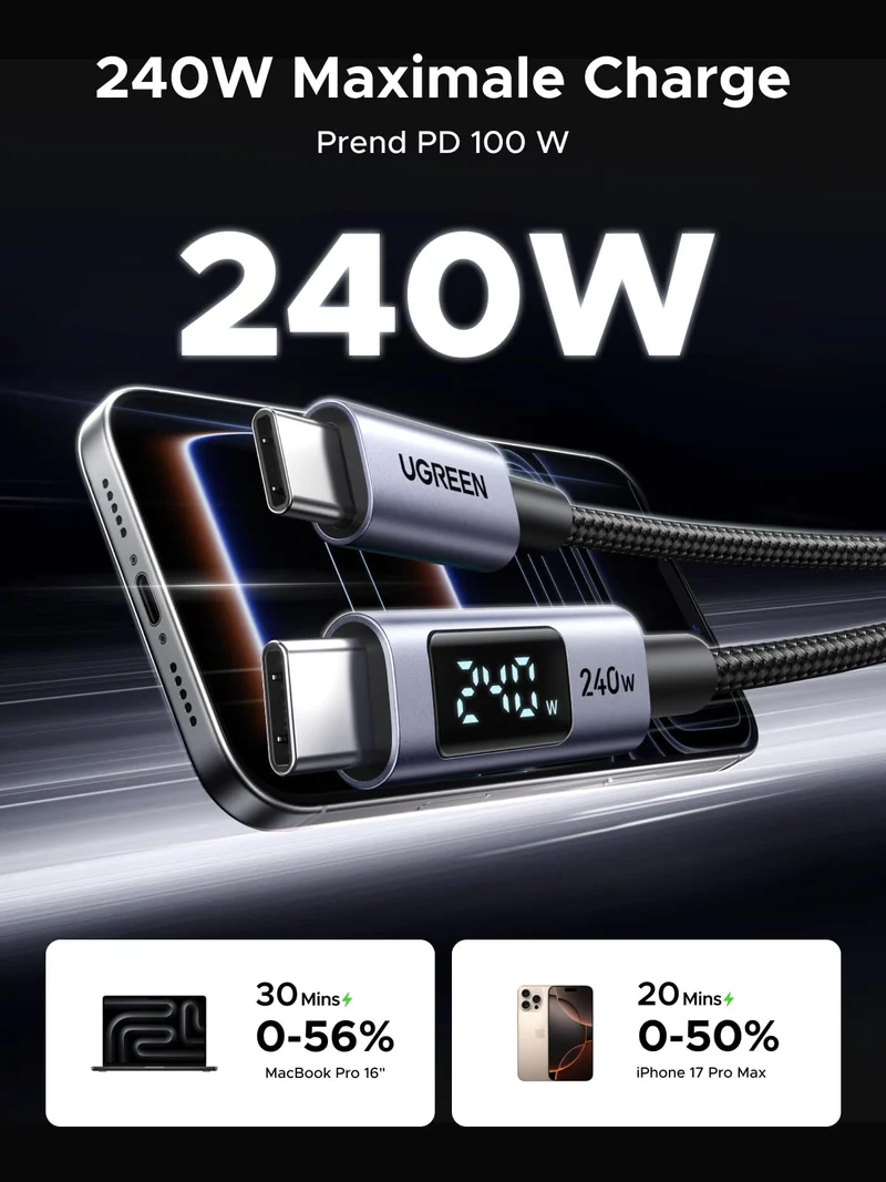 UGREEN Câble USB-C vers USB-C avec Écran LCD (PD 3.1 240W, 2 m)