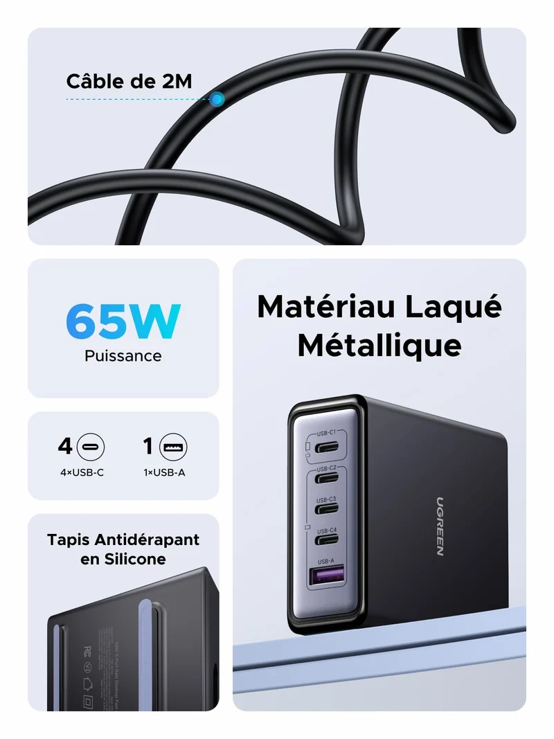 UGREEN Nexode 65W Chargeur rapide de bureau GaN 5 ports