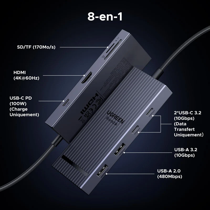 UGREEN Revodok Pro 8-en-1 Hub USB-C (HDMI 4K@60Hz, 10Gbps, PD 100W)