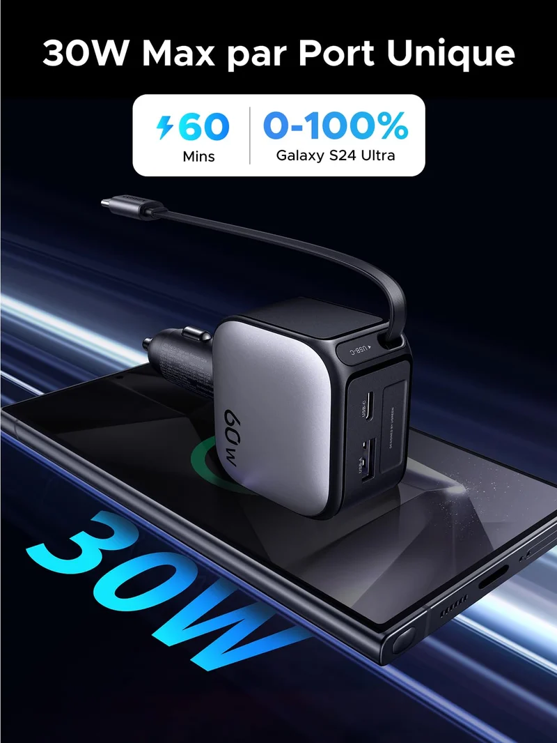UGREEN Nexode Chargeur voiture 60W avec câble USB-C rétractable
