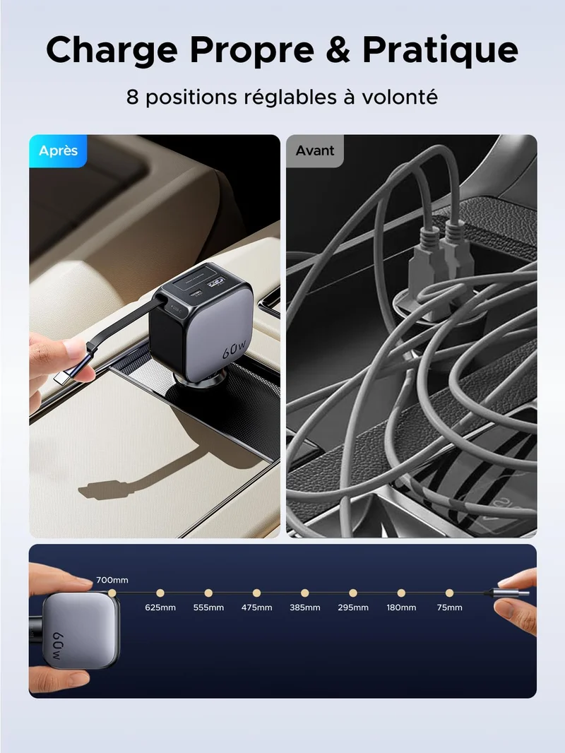 UGREEN Nexode Chargeur voiture 60W avec câble USB-C rétractable