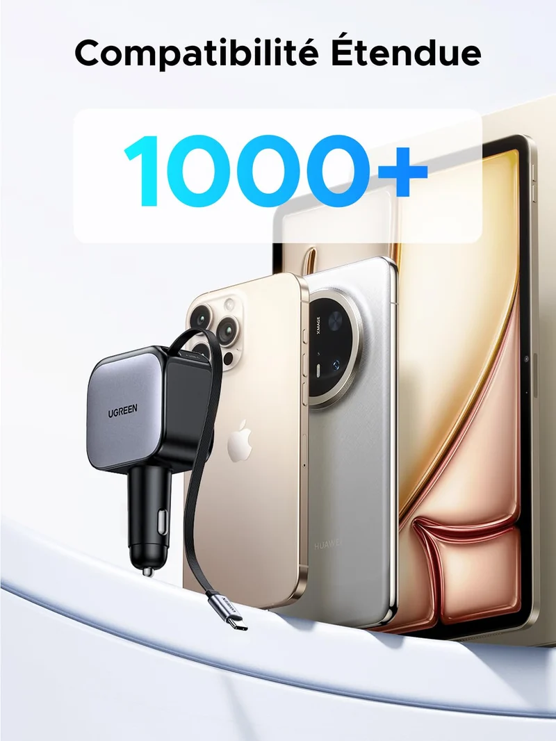 UGREEN Nexode Chargeur voiture 60W avec câble USB-C rétractable