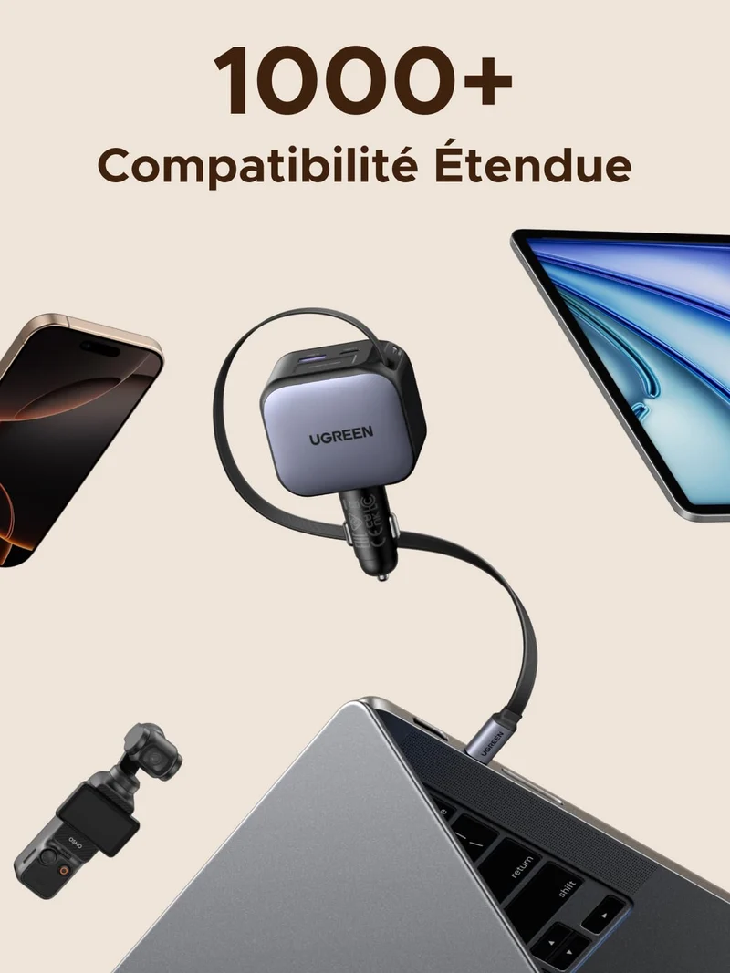 UGREEN Nexode Chargeur voiture 90W avec câble USB-C rétractable