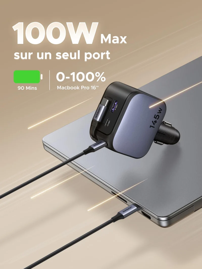 UGREEN Nexode Chargeur voiture 145W avec câble USB-C rétractable
