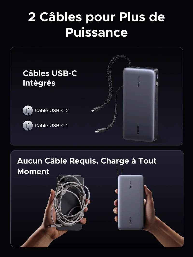 UGREEN Nexode 165W Batterie Externe 25000mAh 2 Câble USB C Intégré 140W Power Bank Portable Charge Rapide 2 Port PD 3.1 Écran LED Compatible avec iPhone 17 16 15 14 13 12 Galaxy S25 S24 S23 MacBook