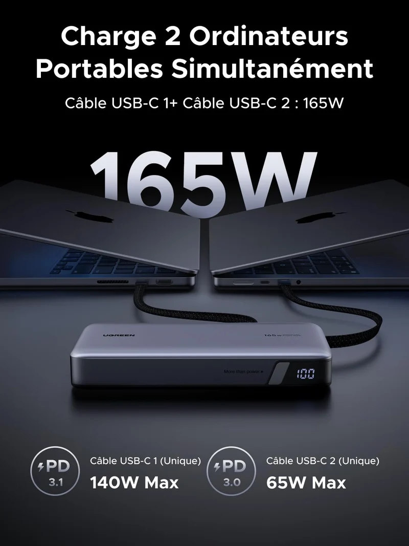 UGREEN Nexode 165W Batterie Externe 25000mAh 2 Câble USB C Intégré 140W Power Bank Portable Charge Rapide 2 Port PD 3.1 Écran LED Compatible avec iPhone 17 16 15 14 13 12 Galaxy S25 S24 S23 MacBook
