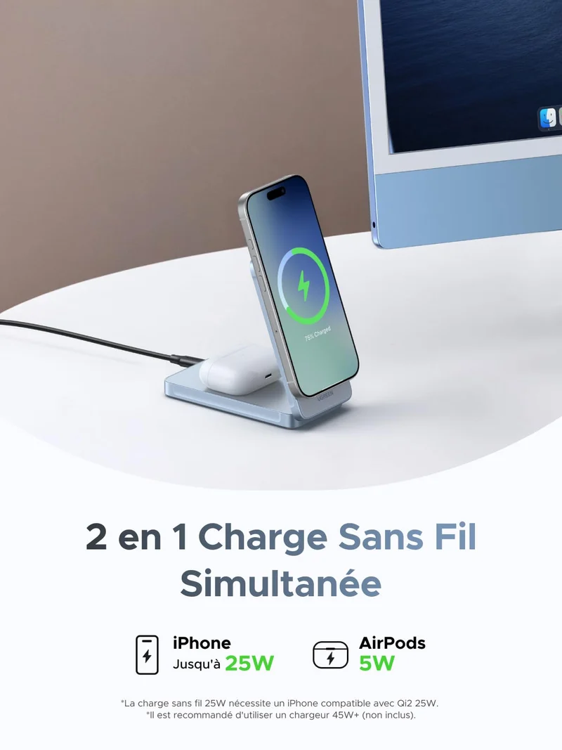 UGREEN MagFlow Chargeur Sans Fil Magnétique 2-en-1 30 W (Compatible MagSafe)