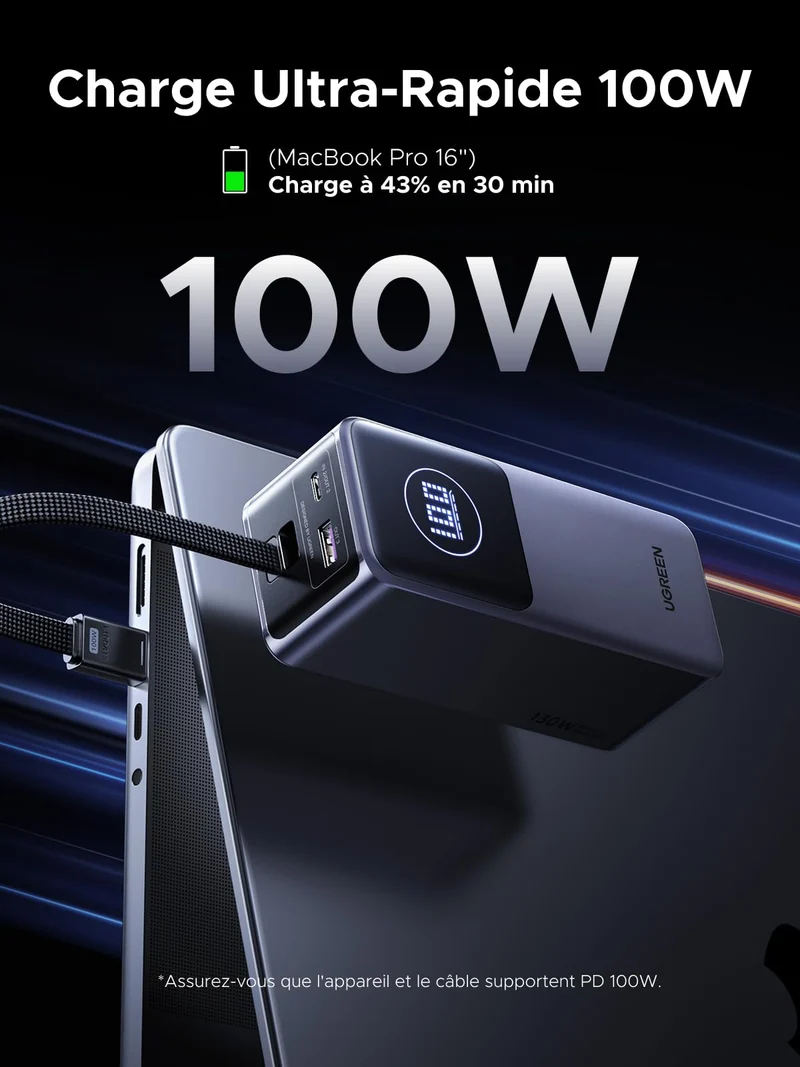 UGREEN Nexode 130W Batterie Externe 20000mAh Câble USB C Intégré 100W 2 Ports Power Bank Portable Charge Rapide PD 3.0 Compatible avec iPhone 17 16 15 14 Air Plus Pro Max Galaxy S25 S24 MacBook iPad