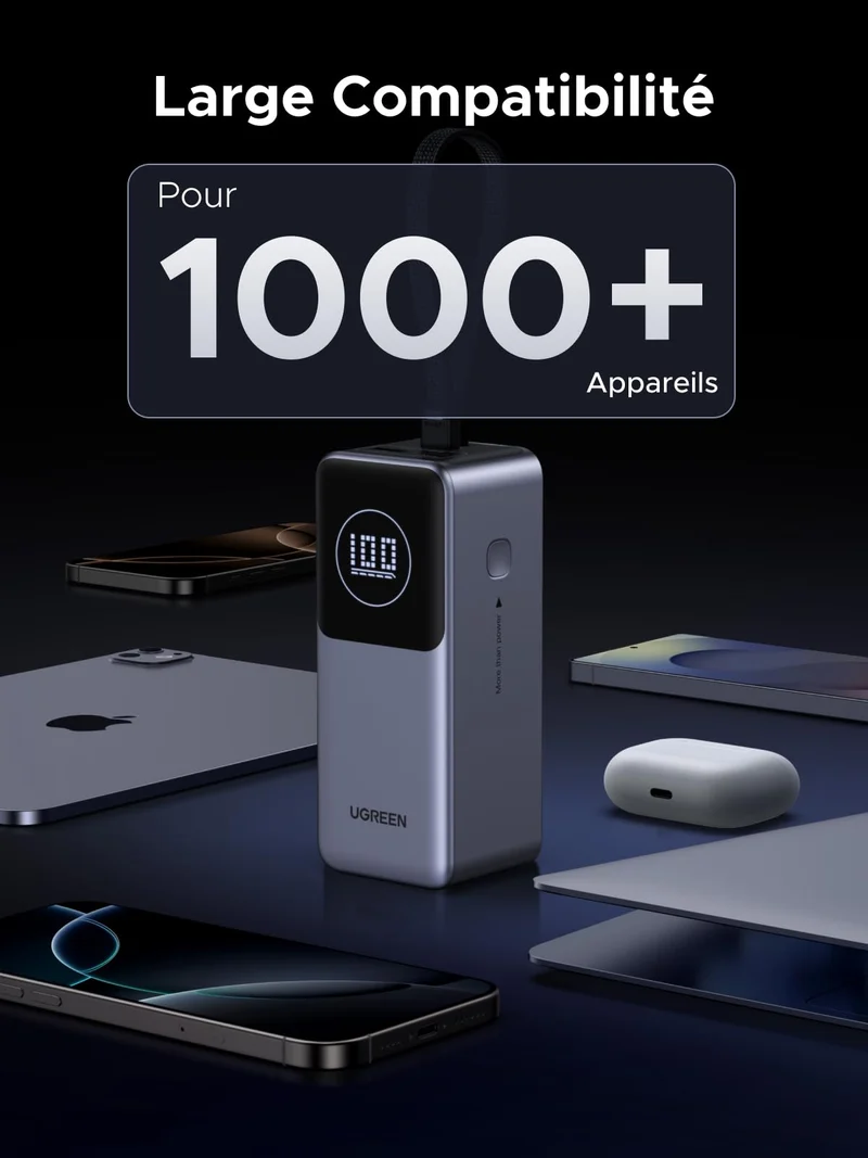UGREEN Nexode 130W Batterie Externe 20000mAh Câble USB C Intégré 100W 2 Ports Power Bank Portable Charge Rapide PD 3.0 Compatible avec iPhone 17 16 15 14 Air Plus Pro Max Galaxy S25 S24 MacBook iPad