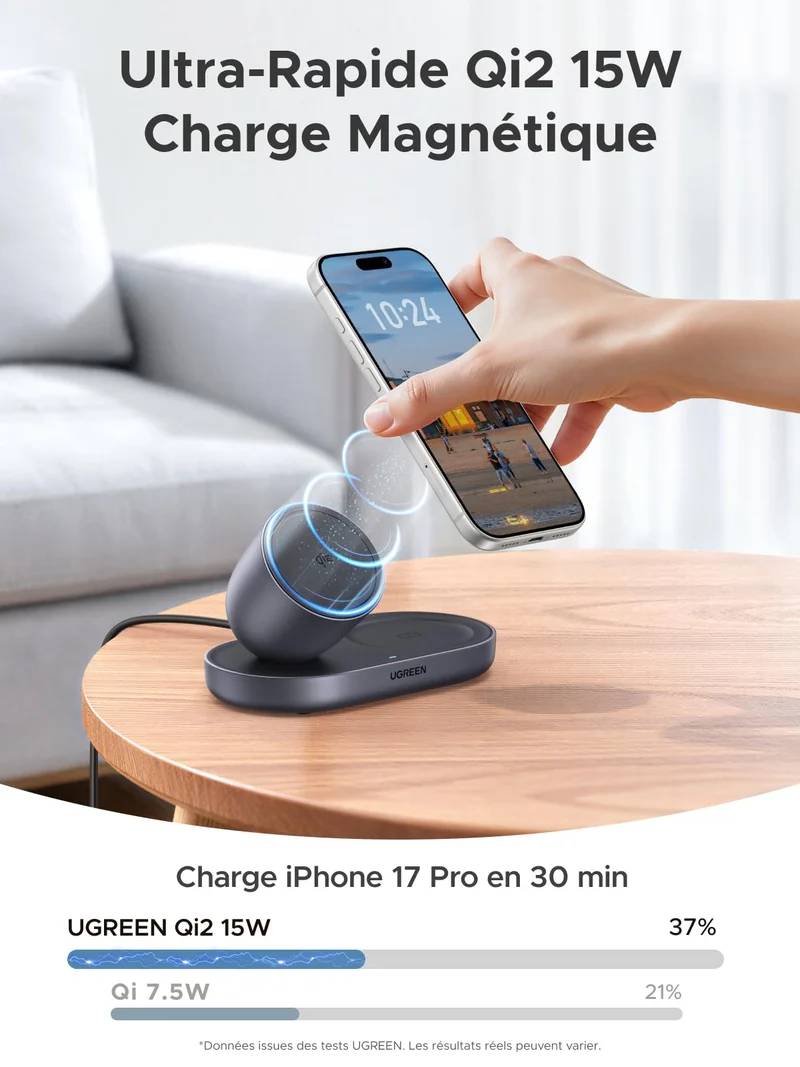 UGREEN MagFlow Qi2 15W Chargeur Induction iPhone 2 en 1 Certifié Ergonomique Compatible avec MagSafe iPhone 17 16 15 14 13 12 Air Plus Pro Max AirPods 4 3 Pro 3 2 1 Chargeur sans Fil Magnétique