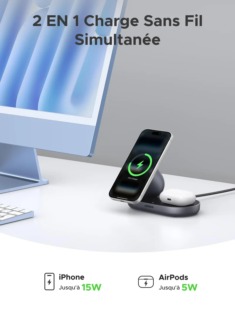UGREEN MagFlow Qi2 15W Chargeur Induction iPhone 2 en 1 Certifié Ergonomique Compatible avec MagSafe iPhone 17 16 15 14 13 12 Air Plus Pro Max AirPods 4 3 Pro 3 2 1 Chargeur sans Fil Magnétique
