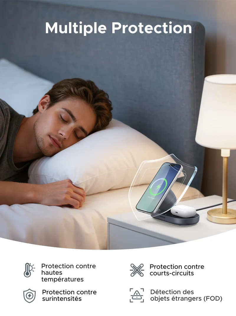 UGREEN MagFlow Qi2 15W Chargeur Induction iPhone 2 en 1 Certifié Ergonomique Compatible avec MagSafe iPhone 17 16 15 14 13 12 Air Plus Pro Max AirPods 4 3 Pro 3 2 1 Chargeur sans Fil Magnétique