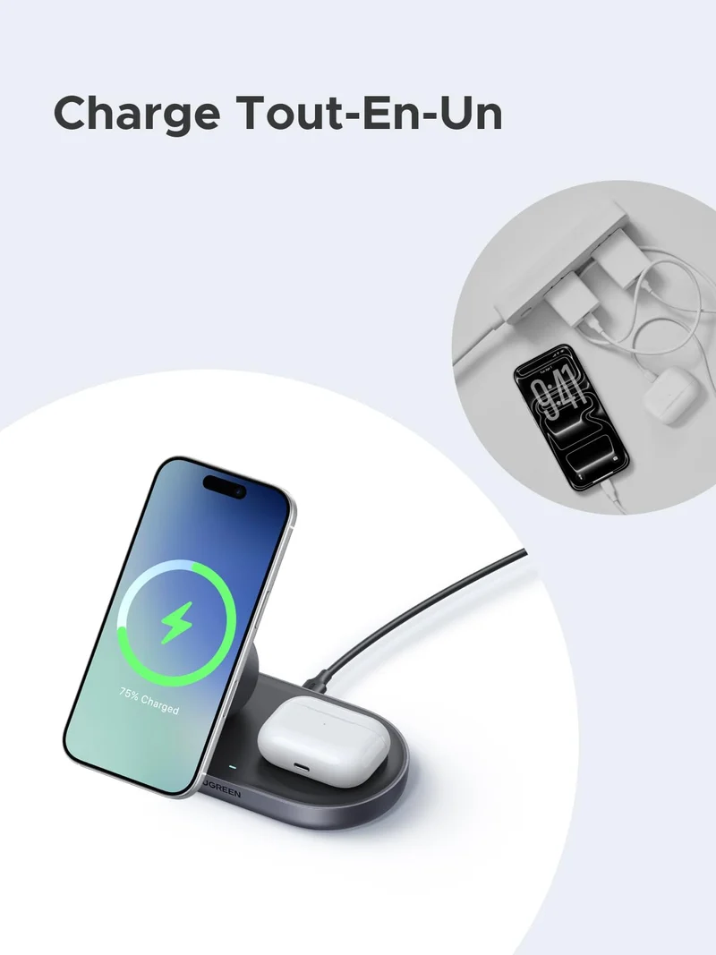 UGREEN MagFlow Qi2 15W Chargeur Induction iPhone 2 en 1 Certifié Ergonomique Compatible avec MagSafe iPhone 17 16 15 14 13 12 Air Plus Pro Max AirPods 4 3 Pro 3 2 1 Chargeur sans Fil Magnétique